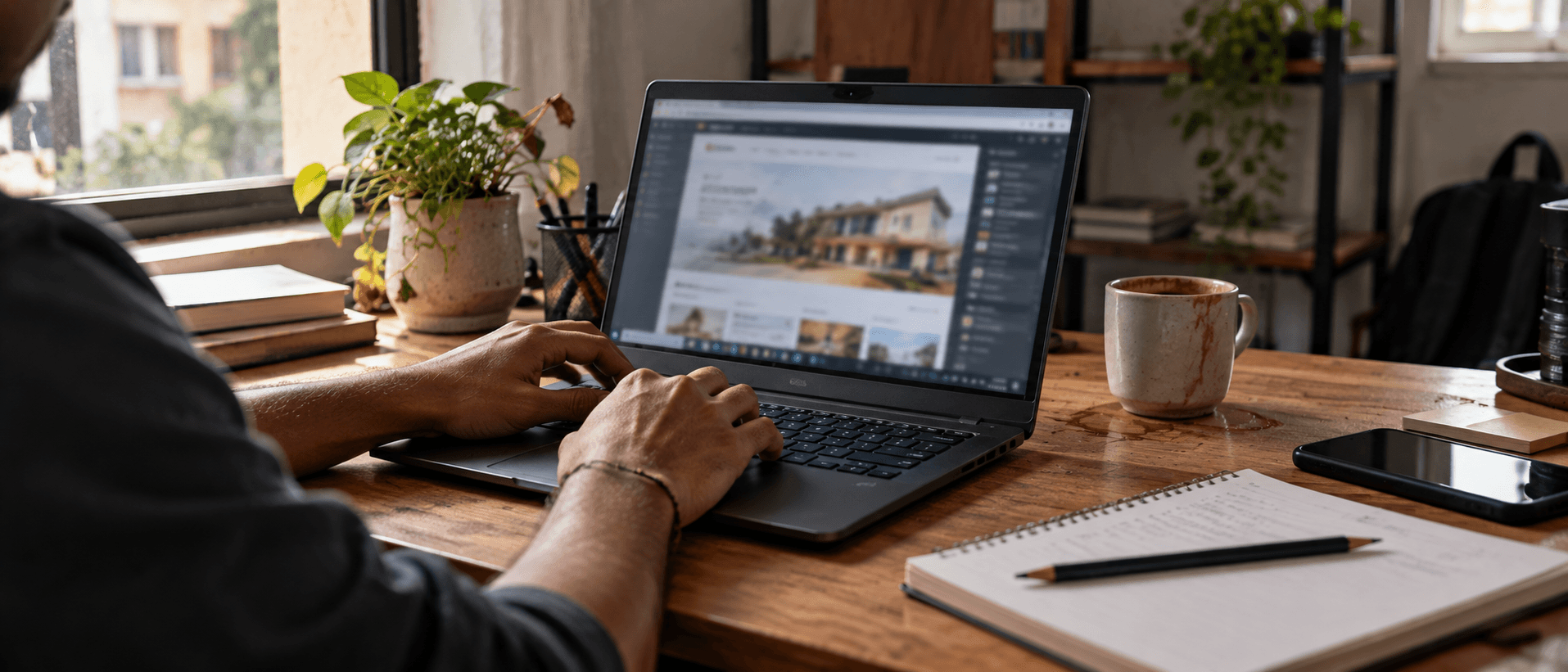 A developer building a website on a laptop in natural daylight