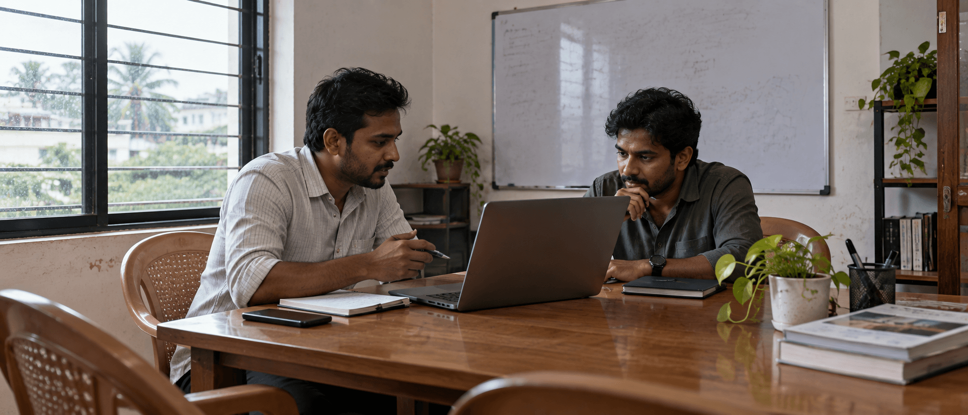 A client and consultant meeting over a laptop in a real office