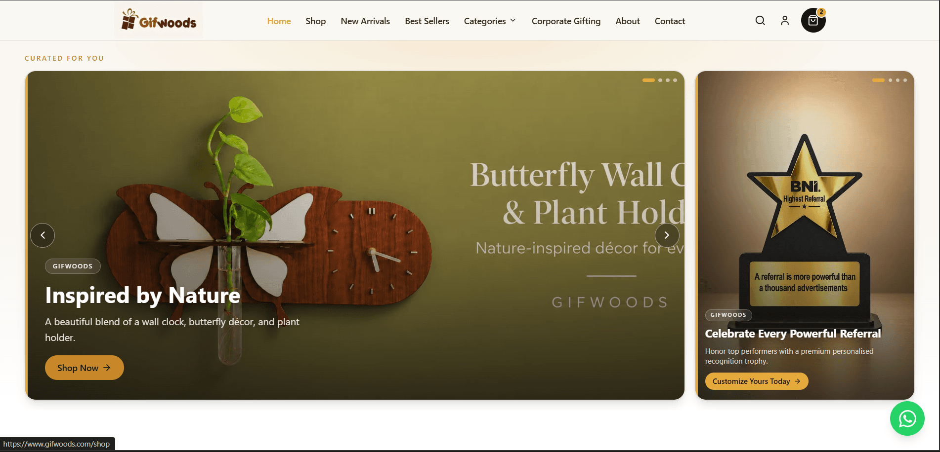 Gifwoods artisanal wooden decor homepage screenshot